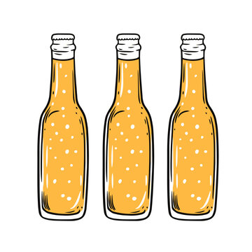 Three bottle beer set hand drawn colorful cartoon style.