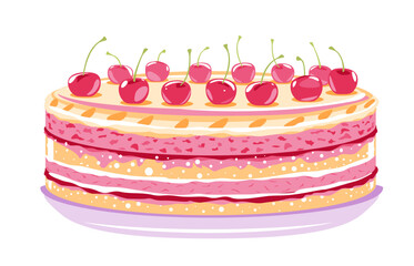 One big pink sweet birthday cake decorated on top with whole cherries isolated holiday illustration, big beautiful holiday cake with many layers and red cherries, fruit dessert in side view