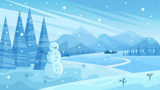Winter snowy landscape with snowfall vector illustration. Cartoon cold frozen scene with snowflakes falling on snowman, simple trees in frost forest and snowdrifts on hills, mountains and house