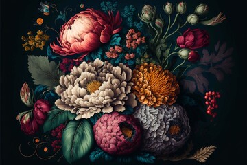 Obraz na płótnie Canvas Beautiful vintage botanical flower bunch wallpaper. Vintage otiv for floral print digital Background. Generative ai.
