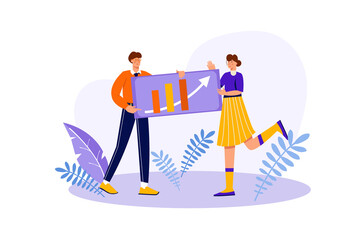 Teamwork concept with people scene in flat cartoon design. Colleagues analyze the successful development of the company, which was achieved thanks to teamwork.