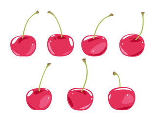 Set of seven red ripe cherries in different angles isolated illustration, fruit ingredient for desserts, icing on the cake, fresh cherries with green tails