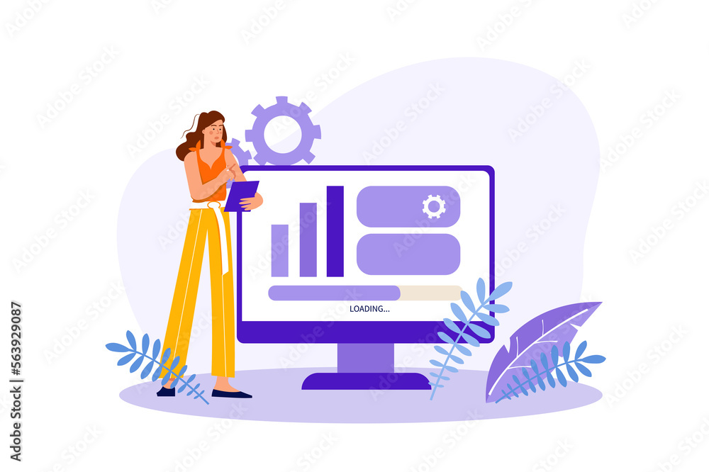 Aufkleber optimize website concept with people scene in the flat cartoon style. woman optimizes website, adjus