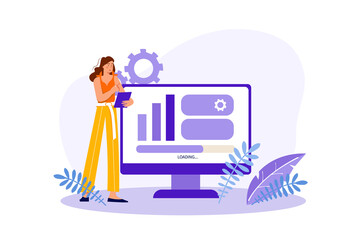 Optimize website concept with people scene in the flat cartoon style. Woman optimizes website, adjusts its structure and edits content.