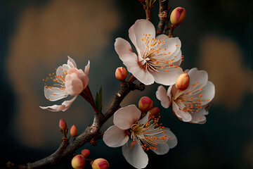 Obraz na płótnie Canvas Closeup of spring apricot blossom flower on dark bokeh background.