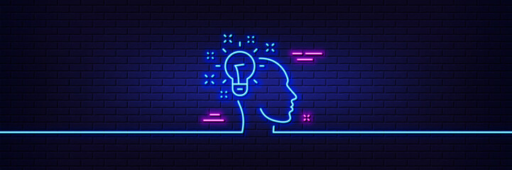 Neon light glow effect. Idea line icon. Human head with light bulb sign. Inspiration symbol. 3d line neon glow icon. Brick wall banner. Idea outline. Vector