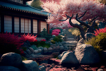 Asian garden with pagoda and sakura trees. Cherry blossom in park in spring season. Peaceful traditional japanese landscape - obrazy, fototapety, plakaty