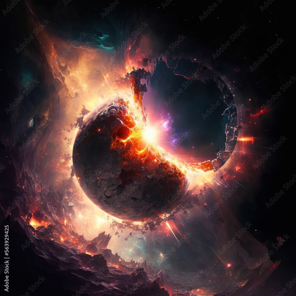 Aufkleber meteor planet impact on earth, asteroid on fire exploding in collision with planet, view from space 