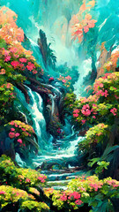 forest Mayan style riverside flowers and trees illustration art Generative AI Content by Midjourney