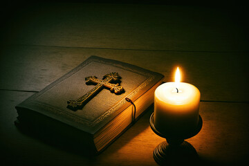 A Bible With A Cross Emblem On The Cover Besides A Burning Candle. Generative AI Illustration