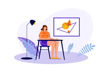 Design studio concept with people scene in the flat cartoon design. Designer is working on a new project in her studio.