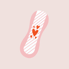 Cute Women menstruation pad with hearts. Protection for menstrual period in critical days. Intimate hygiene health for vagina. Hand Drawn vector illustration