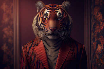 Fototapeta na wymiar Portrait of a tiger in elegant business suit outfit. Serious boss concept. Digitally generated AI image.