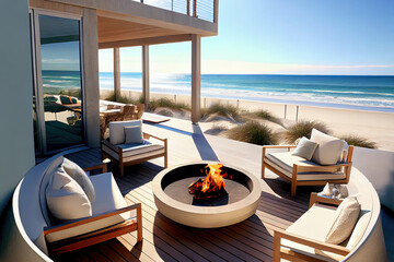 Exceptional Fire pit and furniture on modern luxury - obrazy, fototapety, plakaty