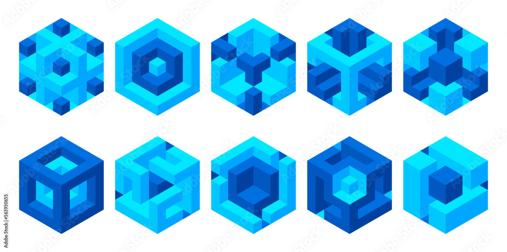 Poster set of illusory cubes made of blocks. the isometric cube turns in different angles with 3d effect.