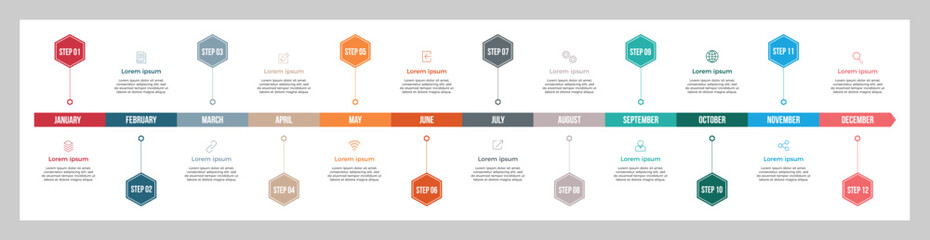 Hexagonal timeline infographic template design. Colourful 12 steps timeline vector business template.