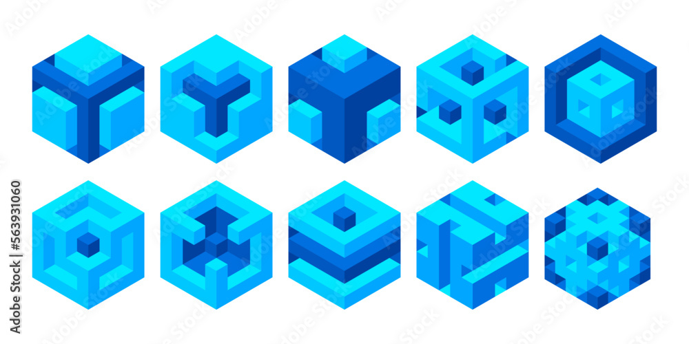 Aufkleber set of illusory cubes made of blocks. the isometric cube turns in different angles with 3d effect.