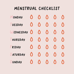 Menstrual intensity period checklist. Checklist schedule for intensity menstruation cycle. Woman period mark blood. Hand Drawn vector illustration - obrazy, fototapety, plakaty