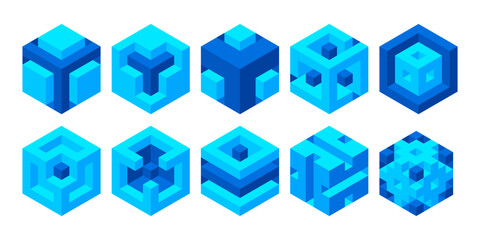 Set of illusory cubes made of blocks. The isometric cube turns in different angles with 3D effect.