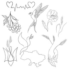 Naklejka premium Large set of line art patriotic illustrations. Stop the war in Ukraine