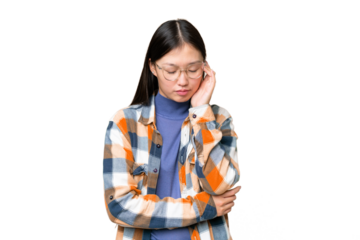 Young Asian woman over isolated chroma key background with headache