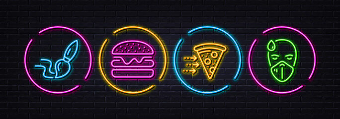 Naklejka premium Burger, Brush and Food delivery minimal line icons. Neon laser 3d lights. Sick man icons. For web, application, printing. Hamburger food, Art brush, Piece of pizza. Epidemic protection. Vector