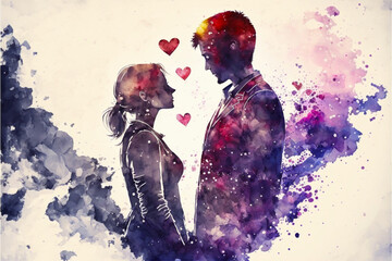 Couple in love. Watercolors painting with love theme. Ai llustration, fantasy digital painting, artificial intelligence artwork. Use for: invitation cards, fabric prints
