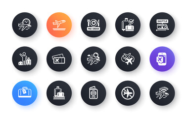 Airport icons set. Boarding pass, Baggage claim, Departure. Connecting flight, tickets, pre-order food icons. Passport control, airport baggage carousel, inflight wifi. Circle web buttons. Vector