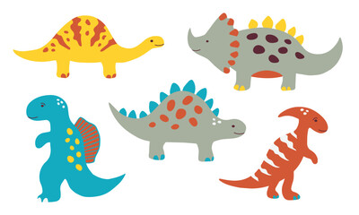 Cute dinosaurs set. Vector illustration isolated on white for childish design, clothes, toys.