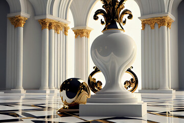 Minimalist Luxury Design: A Fusion of Pain and Anguish with White, Cream, Black, Gold, Marble, and Opulent Baroque Architecture