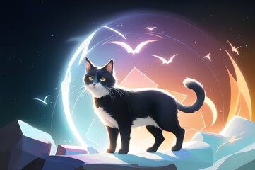 dreamy white black cat in the night, illustration