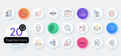 Simple set of Farsightedness, Medical mask and Hand sanitizer line icons. Include Face biometrics, Thermometer, Skin condition icons. Healthy food, Stress grows, Stop stress web elements. Vector