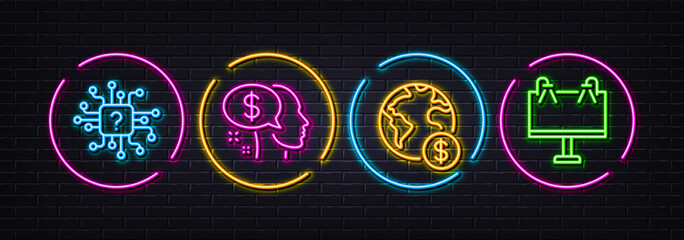 Global business, Artificial intelligence and Pay minimal line icons. Neon laser 3d lights. Road banner icons. For web, application, printing. Financial world, Faq guide, Beggar. Advertisement. Vector