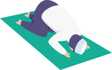 a man wearing a white koko shirt and navy blue trousers equipped with a cap is prostrating to pray on a green prayer mat
