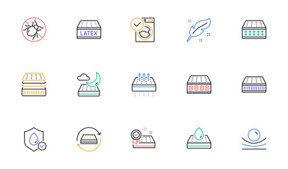 Mattress line icons set. Memory foam, pillow, latex. Breathable, washable, bed tick icons. Light weight, natural material, pocket sprung mattress. Bed mite, antiallergic latex. Vector
