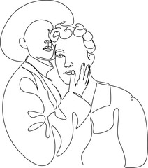 One continuous, single line  drawing of a woman and a man. Hugs of a young couple, lovers, woman and man. Valentine's Day illustration.  Romantic.