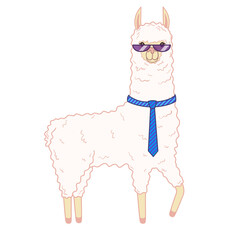 Cute llama with a trendy glasses and tie on his neck. Illustration on transparent background © tiena