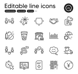 Set of Business outline icons. Contains icons as Download file, Medical drugs and Puzzle elements. Journey, Umbrella, Yen money web signs. Parking security, Start presentation. Vector