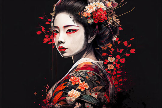 Illustration of a geisha on a black background.Generative AI