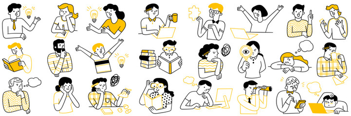 Various character doodle illustration of people finding creative ideas concept, thinking, reading, find solution or knowledge, imagination. Outline, linear, thin line art, hand drawn sketch.   - Powered by Adobe