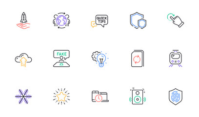 Fake review, Shields and Rotation gesture line icons for website, printing. Collection of Idea gear, Speakers, Train icons. Cloud upload, Global business, Time management web elements. Vector
