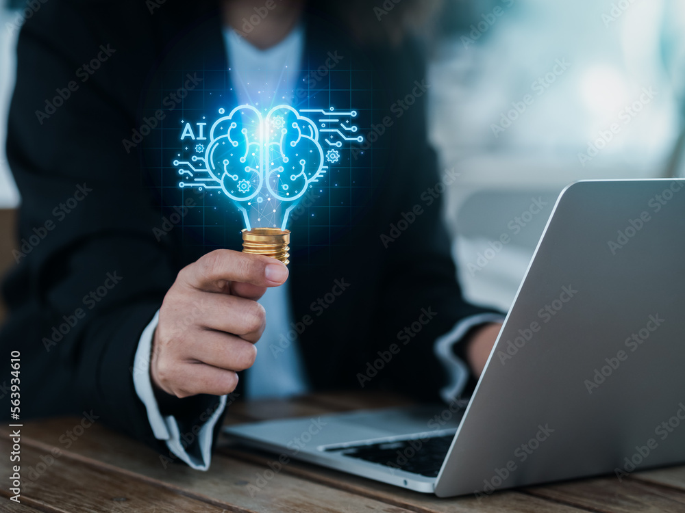 Poster artificial intelligence technology concept. glow digital light bulb graphics with ai brain system in