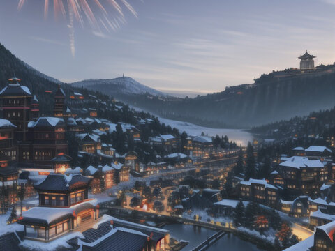 Generative AI ski resort at night view of the city bird eye view 