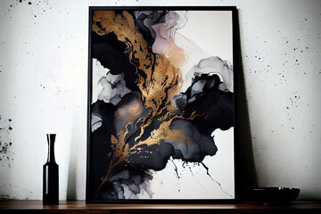 Black and gold ink painting in frame. Abstract alcohol painting.  
Digitally generated AI image. 