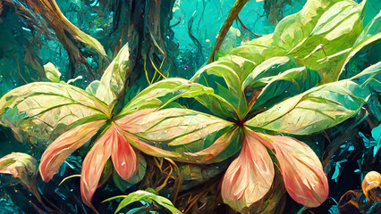 forest Mayan style riverside flowers and trees illustration art Generative AI Content by Midjourney