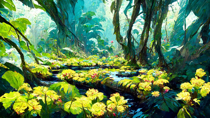 Fototapeta na wymiar forest Mayan style riverside flowers and trees illustration art Generative AI Content by Midjourney