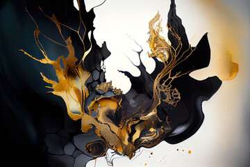 Black and gold ink painting. Abstract alcohol painting.  
Digitally generated AI image. 