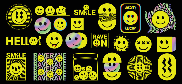 Acid style of smiles hipster, trendy sticker set. Psychedelic badges. Rave trippy patches. Vector illustration