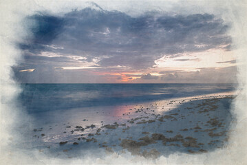 A digital watercolor painting of the sea at blue hour.