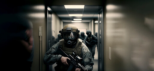 Fototapeta na wymiar Generative AI illustration of anti-terrorism squad entering the hall